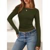imagePRETTYGARDEN Long Sleeve Shirts for Women 2025 Fall Boat Neck Ribbed Knit Ruched Fitted Going Out Tops Casual Basic TeesArmy Green