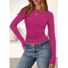 imagePRETTYGARDEN Long Sleeve Shirts for Women 2025 Fall Boat Neck Ribbed Knit Ruched Fitted Going Out Tops Casual Basic TeesHot Pink