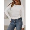 imagePRETTYGARDEN Long Sleeve Shirts for Women 2025 Fall Boat Neck Ribbed Knit Ruched Fitted Going Out Tops Casual Basic TeesWhite