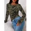 imagePRETTYGARDEN Women Long Sleeve Floral Mesh Tops Blouse 2025 Fall Trendy Boat Neck Ruched Fitted Shirt Going Out Date OutfitsArmy Green