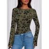 imagePRETTYGARDEN Women Long Sleeve Floral Mesh Tops Blouse 2025 Fall Trendy Boat Neck Ruched Fitted Shirt Going Out Date OutfitsArmy Green