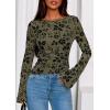 imagePRETTYGARDEN Women Long Sleeve Floral Mesh Tops Blouse 2025 Fall Trendy Boat Neck Ruched Fitted Shirt Going Out Date OutfitsArmy Green