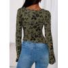 imagePRETTYGARDEN Women Long Sleeve Floral Mesh Tops Blouse 2025 Fall Trendy Boat Neck Ruched Fitted Shirt Going Out Date OutfitsArmy Green