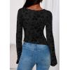 imagePRETTYGARDEN Women Long Sleeve Floral Mesh Tops Blouse 2025 Fall Trendy Boat Neck Ruched Fitted Shirt Going Out Date OutfitsBlack