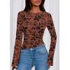 imagePRETTYGARDEN Women Long Sleeve Floral Mesh Tops Blouse 2025 Fall Trendy Boat Neck Ruched Fitted Shirt Going Out Date OutfitsBrown