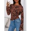 imagePRETTYGARDEN Women Long Sleeve Floral Mesh Tops Blouse 2025 Fall Trendy Boat Neck Ruched Fitted Shirt Going Out Date OutfitsBrown