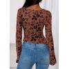 imagePRETTYGARDEN Women Long Sleeve Floral Mesh Tops Blouse 2025 Fall Trendy Boat Neck Ruched Fitted Shirt Going Out Date OutfitsBrown