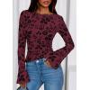 imagePRETTYGARDEN Women Long Sleeve Floral Mesh Tops Blouse 2025 Fall Trendy Boat Neck Ruched Fitted Shirt Going Out Date OutfitsBurgundy