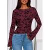 imagePRETTYGARDEN Women Long Sleeve Floral Mesh Tops Blouse 2025 Fall Trendy Boat Neck Ruched Fitted Shirt Going Out Date OutfitsBurgundy