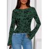 imagePRETTYGARDEN Women Long Sleeve Floral Mesh Tops Blouse 2025 Fall Trendy Boat Neck Ruched Fitted Shirt Going Out Date OutfitsDark Green