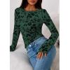 imagePRETTYGARDEN Women Long Sleeve Floral Mesh Tops Blouse 2025 Fall Trendy Boat Neck Ruched Fitted Shirt Going Out Date OutfitsDark Green