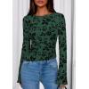 imagePRETTYGARDEN Women Long Sleeve Floral Mesh Tops Blouse 2025 Fall Trendy Boat Neck Ruched Fitted Shirt Going Out Date OutfitsDark Green
