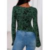 imagePRETTYGARDEN Women Long Sleeve Floral Mesh Tops Blouse 2025 Fall Trendy Boat Neck Ruched Fitted Shirt Going Out Date OutfitsDark Green