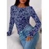 imagePRETTYGARDEN Women Long Sleeve Floral Mesh Tops Blouse 2025 Fall Trendy Boat Neck Ruched Fitted Shirt Going Out Date OutfitsDusty Blue