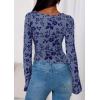 imagePRETTYGARDEN Women Long Sleeve Floral Mesh Tops Blouse 2025 Fall Trendy Boat Neck Ruched Fitted Shirt Going Out Date OutfitsDusty Blue