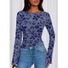 imagePRETTYGARDEN Women Long Sleeve Floral Mesh Tops Blouse 2025 Fall Trendy Boat Neck Ruched Fitted Shirt Going Out Date OutfitsDusty Blue