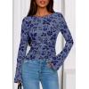 imagePRETTYGARDEN Women Long Sleeve Floral Mesh Tops Blouse 2025 Fall Trendy Boat Neck Ruched Fitted Shirt Going Out Date OutfitsDusty Blue