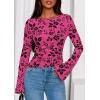 imagePRETTYGARDEN Women Long Sleeve Floral Mesh Tops Blouse 2025 Fall Trendy Boat Neck Ruched Fitted Shirt Going Out Date OutfitsHot Pink