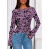 imagePRETTYGARDEN Women Long Sleeve Floral Mesh Tops Blouse 2025 Fall Trendy Boat Neck Ruched Fitted Shirt Going Out Date OutfitsPurple