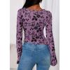 imagePRETTYGARDEN Women Long Sleeve Floral Mesh Tops Blouse 2025 Fall Trendy Boat Neck Ruched Fitted Shirt Going Out Date OutfitsPurple
