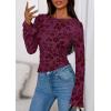 imagePRETTYGARDEN Women Long Sleeve Floral Mesh Tops Blouse 2025 Fall Trendy Boat Neck Ruched Fitted Shirt Going Out Date OutfitsPurple Red
