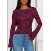 imagePRETTYGARDEN Women Long Sleeve Floral Mesh Tops Blouse 2025 Fall Trendy Boat Neck Ruched Fitted Shirt Going Out Date OutfitsPurple Red