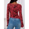 imagePRETTYGARDEN Women Long Sleeve Floral Mesh Tops Blouse 2025 Fall Trendy Boat Neck Ruched Fitted Shirt Going Out Date OutfitsRed