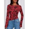 imagePRETTYGARDEN Women Long Sleeve Floral Mesh Tops Blouse 2025 Fall Trendy Boat Neck Ruched Fitted Shirt Going Out Date OutfitsRed