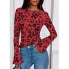 imagePRETTYGARDEN Women Long Sleeve Floral Mesh Tops Blouse 2025 Fall Trendy Boat Neck Ruched Fitted Shirt Going Out Date OutfitsRed