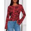 imagePRETTYGARDEN Women Long Sleeve Floral Mesh Tops Blouse 2025 Fall Trendy Boat Neck Ruched Fitted Shirt Going Out Date OutfitsRed