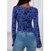 imagePRETTYGARDEN Women Long Sleeve Floral Mesh Tops Blouse 2025 Fall Trendy Boat Neck Ruched Fitted Shirt Going Out Date OutfitsRoyal Blue