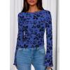 imagePRETTYGARDEN Women Long Sleeve Floral Mesh Tops Blouse 2025 Fall Trendy Boat Neck Ruched Fitted Shirt Going Out Date OutfitsRoyal Blue