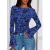 imagePRETTYGARDEN Women Long Sleeve Floral Mesh Tops Blouse 2025 Fall Trendy Boat Neck Ruched Fitted Shirt Going Out Date OutfitsRoyal Blue