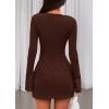 imagePRETTYGARDEN Womens Fall Long Sleeve Mini Dress 2025 Trendy Boat Neck Bodycon Knit Elegant Short Party Formal DressesBrown