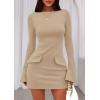 imagePRETTYGARDEN Womens Fall Long Sleeve Mini Dress 2025 Trendy Boat Neck Bodycon Knit Elegant Short Party Formal DressesKhaki