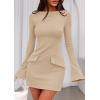 imagePRETTYGARDEN Womens Fall Long Sleeve Mini Dress 2025 Trendy Boat Neck Bodycon Knit Elegant Short Party Formal DressesKhaki