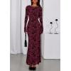 imagePRETTYGARDEN Womens Floral Bodycon Maxi Dress 2025 Fall Elegant Mesh Long Sleeve Formal Wedding Guest Cocktail DressesBurgundy