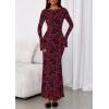 imagePRETTYGARDEN Womens Floral Bodycon Maxi Dress 2025 Fall Elegant Mesh Long Sleeve Formal Wedding Guest Cocktail DressesBurgundy