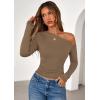 imagePRETTYGARDEN Womens Off Shoulder Long Sleeve Shirts 2025 Fall Ruched Fitted Asymmetrical Going Out Tops Trendy Y2K ClothesKhaki