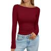 imagePRETTYGARDEN Long Sleeve Shirts for Women 2025 Fall Boat Neck Ribbed Knit Ruched Fitted Going Out Tops Casual Basic TeesBurgundy