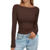 imagePRETTYGARDEN Long Sleeve Shirts for Women 2025 Fall Boat Neck Ribbed Knit Ruched Fitted Going Out Tops Casual Basic TeesDark Brown