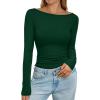 imagePRETTYGARDEN Long Sleeve Shirts for Women 2025 Fall Boat Neck Ribbed Knit Ruched Fitted Going Out Tops Casual Basic TeesDark Green