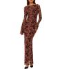 imagePRETTYGARDEN Womens Floral Bodycon Maxi Dress 2025 Fall Elegant Mesh Long Sleeve Formal Wedding Guest Cocktail DressesRust