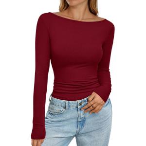 imagePRETTYGARDEN Long Sleeve Shirts for Women 2025 Fall Boat Neck Ribbed Knit Ruched Fitted Going Out Tops Casual Basic TeesBurgundy