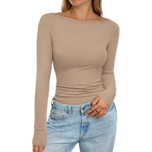 imagePRETTYGARDEN Long Sleeve Shirts for Women 2025 Fall Boat Neck Ribbed Knit Ruched Fitted Going Out Tops Casual Basic TeesLight Khaki