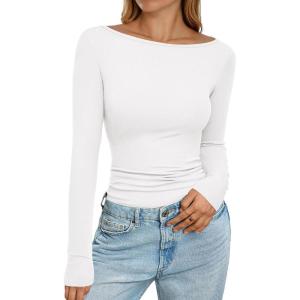 imagePRETTYGARDEN Long Sleeve Shirts for Women 2025 Fall Boat Neck Ribbed Knit Ruched Fitted Going Out Tops Casual Basic TeesWhite