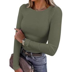 imagePRETTYGARDEN Women 2025 Fall Clothes Long Sleeve Shirts Ribbed Knit Fitted Basic Tee Going Out Tops Underscrub Casual OutfitsArmy Green
