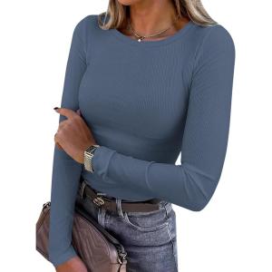 imagePRETTYGARDEN Women 2025 Fall Clothes Long Sleeve Shirts Ribbed Knit Fitted Basic Tee Going Out Tops Underscrub Casual OutfitsDusty Blue