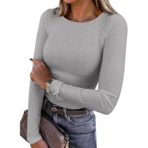 imagePRETTYGARDEN Women 2025 Fall Clothes Long Sleeve Shirts Ribbed Knit Fitted Basic Tee Going Out Tops Underscrub Casual OutfitsGrey