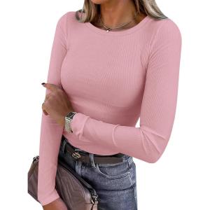 imagePRETTYGARDEN Women 2025 Fall Clothes Long Sleeve Shirts Ribbed Knit Fitted Basic Tee Going Out Tops Underscrub Casual OutfitsPink